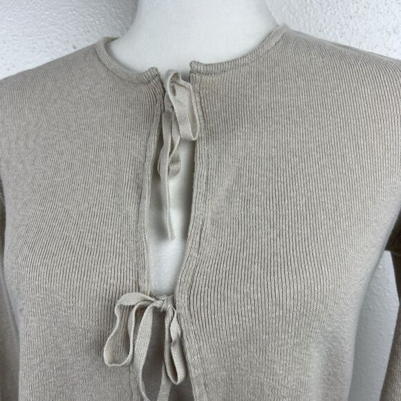 MNG Mango Sweater Women Medium Beige Ribbon Tie Knit Cardigan Long Sleeve - Picture 10 of 12